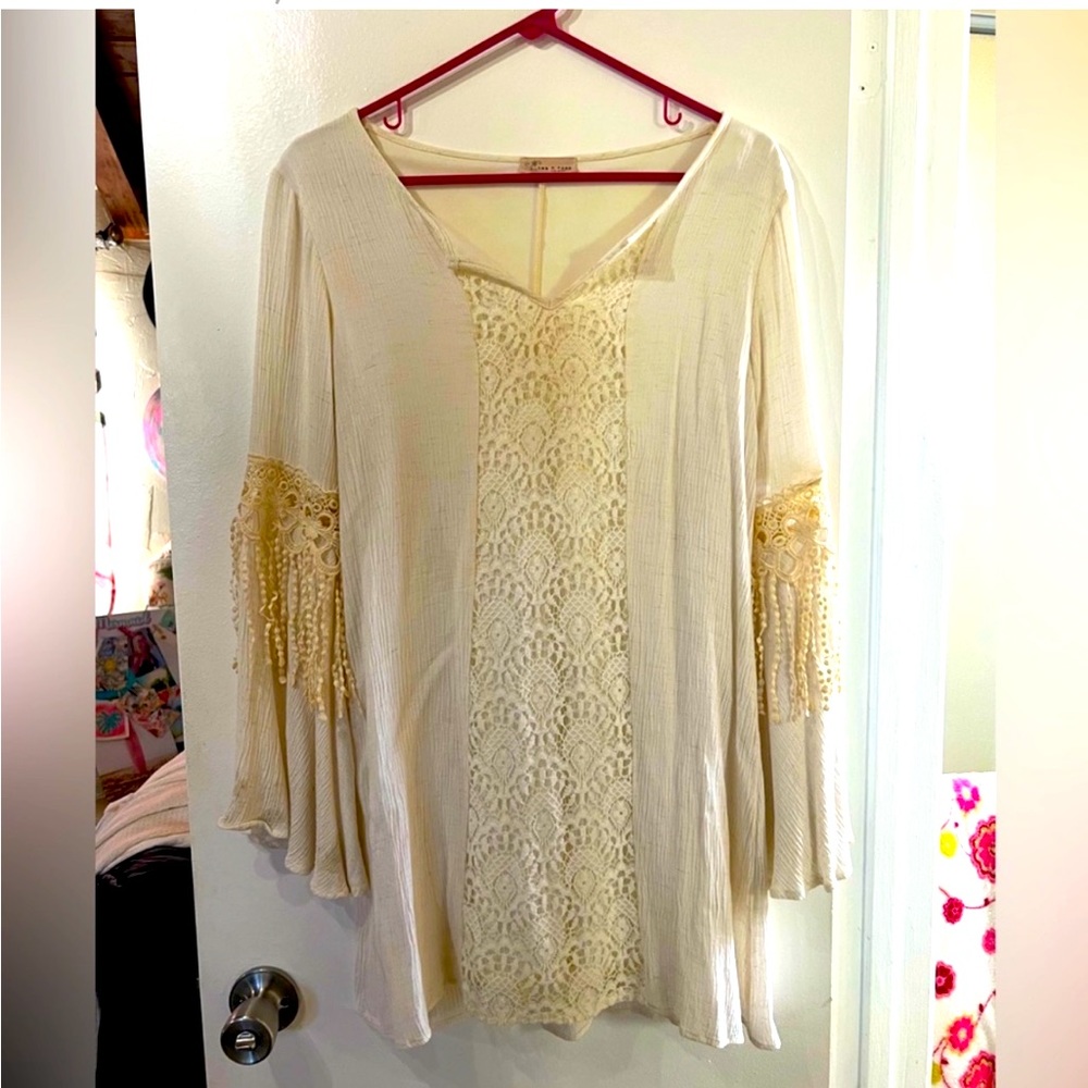 Tea and Rose Boho Chic Cream Dress with lace and tassels! Beachy Stagecoach!